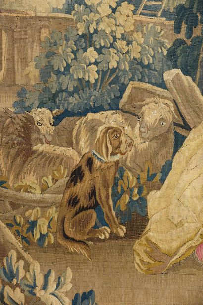 Aubusson Milieu du XVIIIe siècle Paire de tapisseries en laine et soie
Scène galante...