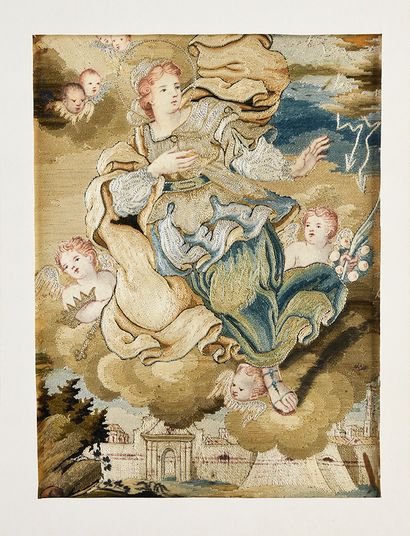 null Sainte Irène, tableau à fils collés, Italie, XVIIIe siècle, fils de soie polychromes...