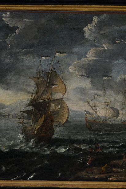 Attribué à Matteus van PLATTENBERG (vers 1608 - 1660) Navires sur une mer agitée
Toile...