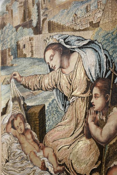 null La fin du déluge, tableau à fils collés, Italie, XVIIIe siècle, fils de soie...