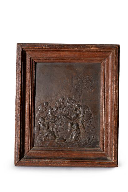 null Bronze plate with decoration in low relief of the Deploration at the foot of...