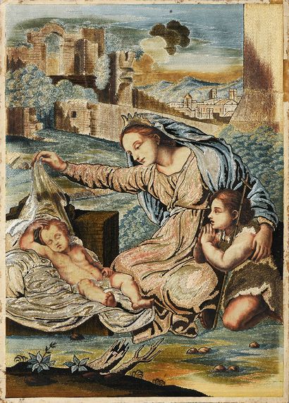 null La fin du déluge, tableau à fils collés, Italie, XVIIIe siècle, fils de soie...