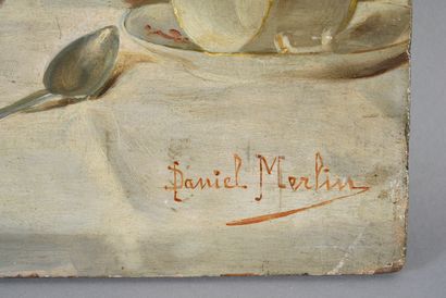 Daniel MERLIN (1861-1933) La dégustation des boudoirs
Huile sur panneau signée en...