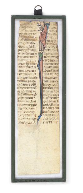 null Piece of a page from a book of hours on vellum, large scroll with animals, character...