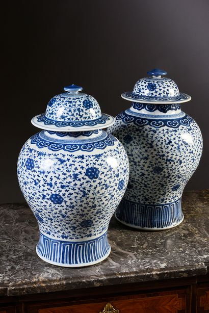 null Pair of porcelain covered potiches with white and blue decoration of flowering...