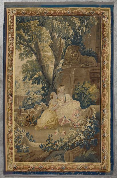 Aubusson Milieu du XVIIIe siècle Paire de tapisseries en laine et soie
Scène galante...