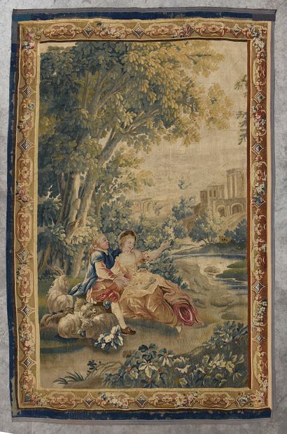Aubusson Milieu du XVIIIe siècle Pair of tapestries in wool and silk
Scène galante...