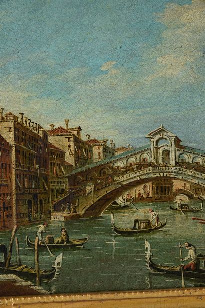 Francesco Guardi (1712 - 1793), dans le goût de. Le grand Canal avec le pont du Rialto.
Toile...