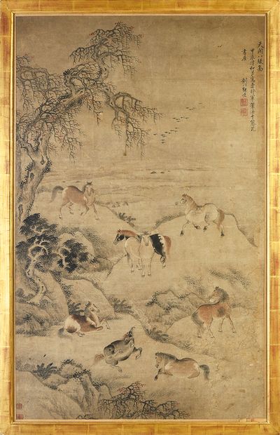 CHINE - XIXe siècle Ink and colors on paper, representing eight horses in a mountainous...