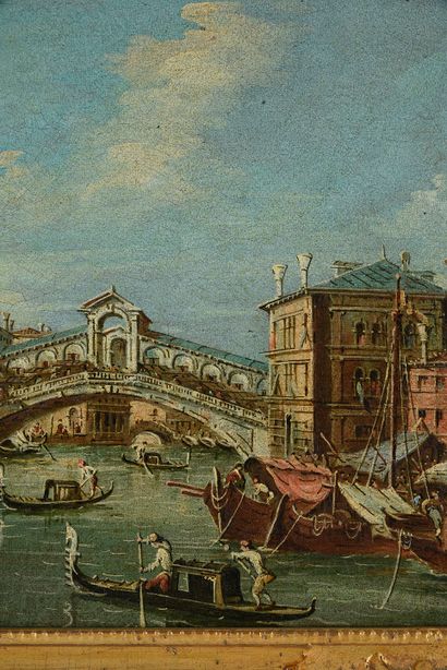 Francesco Guardi (1712 - 1793), dans le goût de. Le grand Canal avec le pont du Rialto.
Toile...