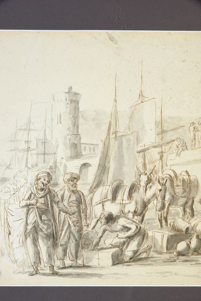 Attribué à Jean-Baptiste LALLEMAND (Dijon 1716 - Paris 1803) View of a busy port...