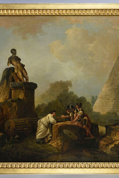 Hubert ROBERT (1733-1808) 
Caprice de ruines antiques, animées de sept figures, avec...