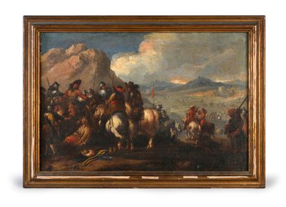 ÉCOLE ITALIENNE DU XVIIe SIÈCLE. View of a battle scene.
Oil on canvas, preserved...