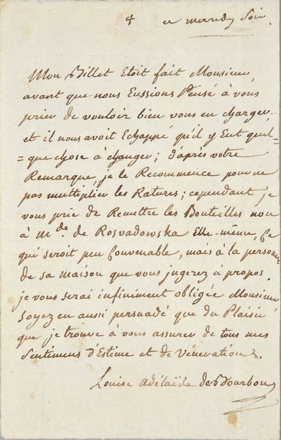 LOUISE-ADELAÏDE, de Bourbon (1757-1824) Lettre autographe signée «Louise Adélaïde...