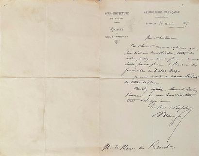 null FUNÉRAILLES DE VICTOR HUGO - 1885.
L.A.S. du sous-préfet de Toulon, adressée...