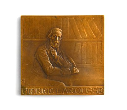  LAROUSSE Pierre (1817-1875). Plaquette en bronze doré, signée Alexandre CHARPENTIER...