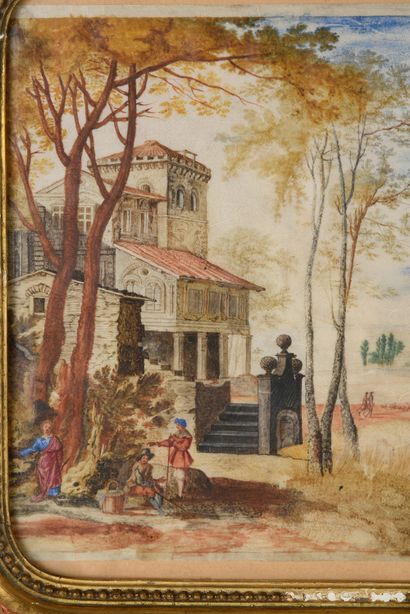 Ecole Italienne du XVIIIe siècle Maison au bord d'un lac.
Gouache sur vélin, porte...