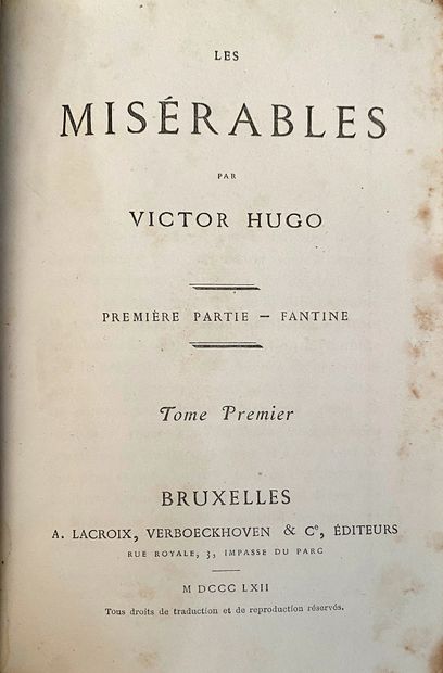 HUGO Victor Les Misérables, éditeurs A. Lacroix, Verboeckhoven & Cie, Bruxelles,...