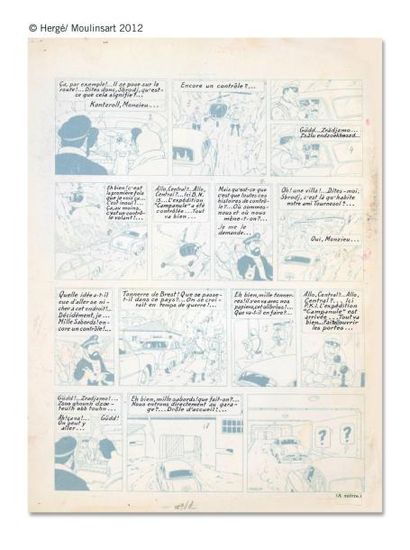 Hergé 2 OBJECTIF LUNE. Lettrage original sur bleu d'imprimerie des phylactères de...