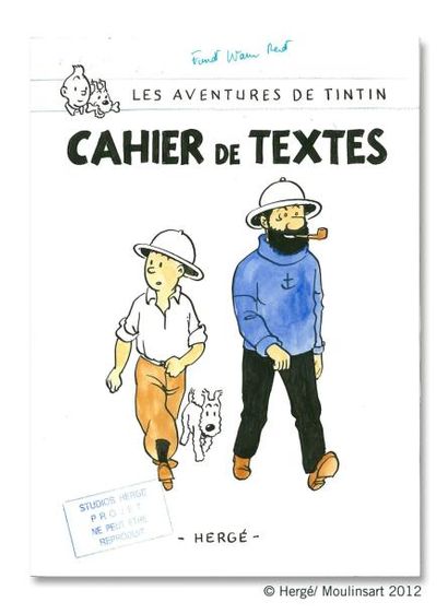 Hergé 4 (Studios) CAHIER DE TEXTES. Projet de couverture représentant Tintin et Haddock...