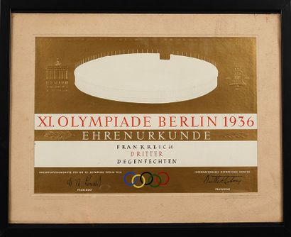 null Berlin 1936. Official diploma for the 3rd place (bronze medal) of the fencer...