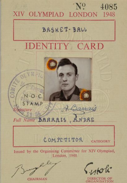 null London 1948. André Barrais. Identity card of the player of the French Basketball...
