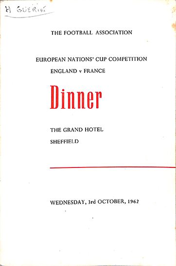 null Menu de la rencontre entre la France et l'Angleterre le 3 octobre 1962 à Sheffield...