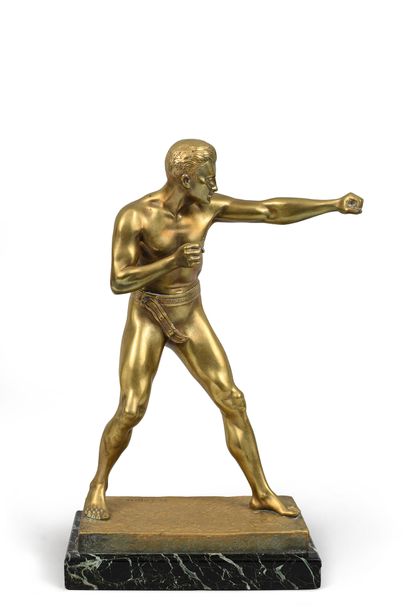 null Sculpture en bronze sur socle marbre Boxeur à l'antique. Circa 1900. Signée...