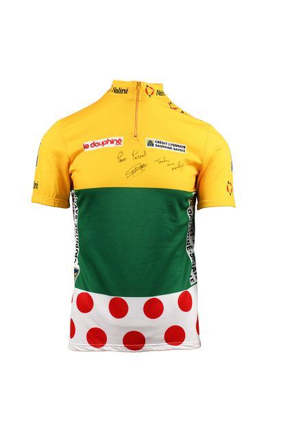 null Pascal Simon. Maillot de leader du combiné porté sur le Dauphiné Libéré. Autographe...