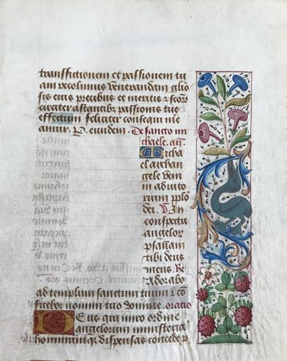 null ENLUMINURE. Feuillet enluminé sur vélin, tiré d'un livre d'heures du XVe siècle....