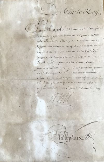 null LOUIS XIV. L.S. (secrétaire de la main), adressée à Pierre Seignette (1660-1719),...