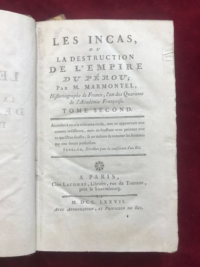 null XVIIIe s. - MARMONTEL, Les Incas

P., Lacombe, 1777. 

2 vols in-12, plein veau...