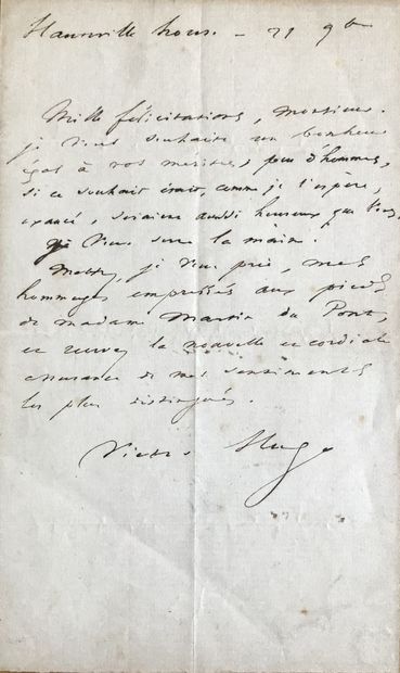 HUGO, Victor (1802-1885). Autograph letter initialled, addressed to his friend Nathanaël...