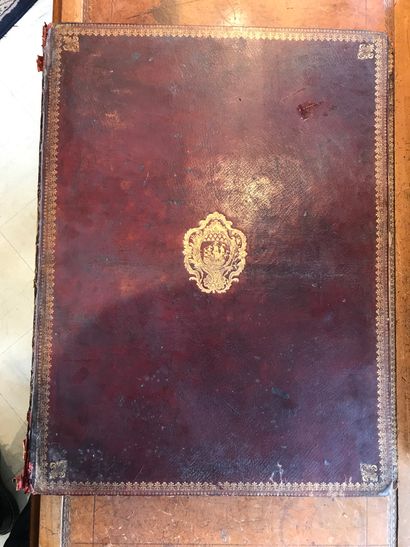 null XVIIIe s. | RELIURE - Grand in-folio maroquin rouge, dos fleurdelisé, encadrement...