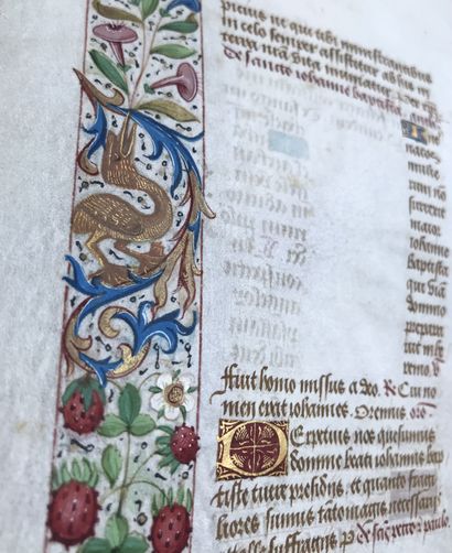 null ENLUMINURE. Feuillet enluminé sur vélin, tiré d'un livre d'heures du XVe siècle....