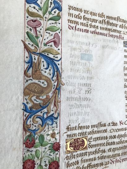 null ENLUMINATION. Illuminated leaf on vellum, taken from a 15th century book of...