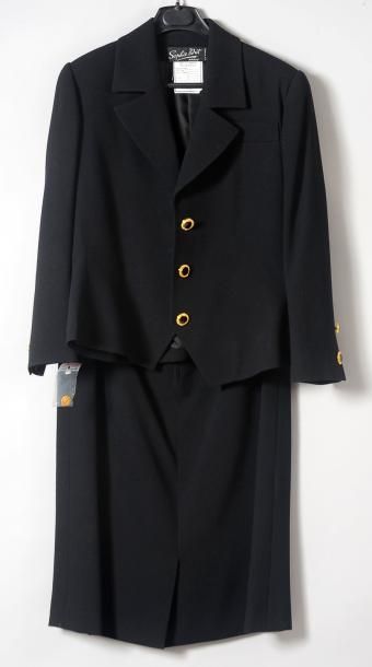 SOPHIE NAT Tailleur en crêpe noir 100% laine: Jupe droite avec taille élastique -...