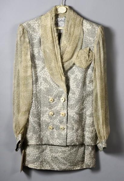 SOPHIE NAT Tailleur en imprimé de coton taupe, beige et blanc: Jupe droite - Veste...