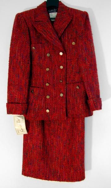 SOPHIE NAT Tailleur en tweed moucheté rouge:Jupe droite - Longue Veste croisée, 4...