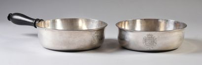 Pair of silver travel pans, the plain body...