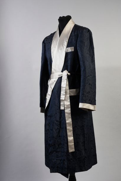 SULKA Robe de chambre en soie à col châle à motif cachemire noir et bleu marine,...