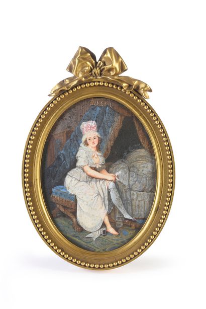 null Large oval miniature portrait, unsigned, of a full-length young woman sitting...