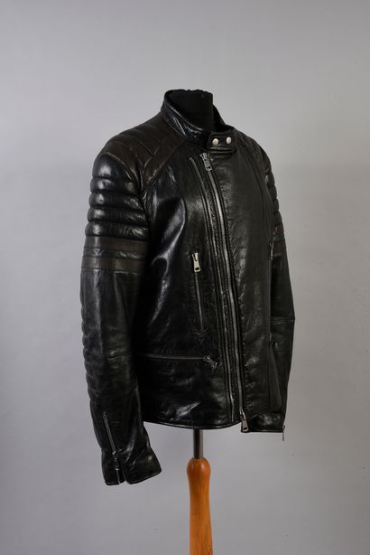 GUCCI Veste en cuir noir et brun type motard pour homme, fermeture à zip, épaule...