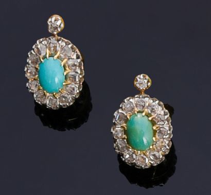 null Pair of ear clips in gold 750e, adorned with an oval cabochon of turquoise in...