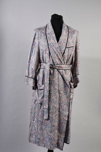 SULKA Robe de chambre en soie à col châle à motif cachemire noir et bleu marine,...