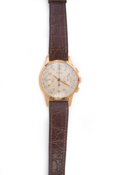 ZODIAC Men's 18k (750 ‰) gold chronograph wristwatch, silver dial with tachymeter...