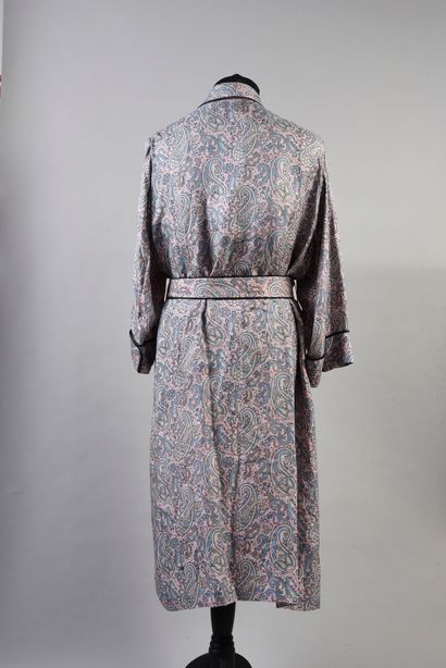 SULKA Robe de chambre en soie à col châle à motif cachemire noir et bleu marine,...