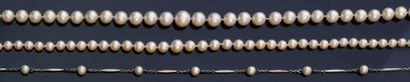 null Lot of cultured pearls:
A necklace in fall (L; : 52 cm 9,7 to 6,3 mm approximately),...