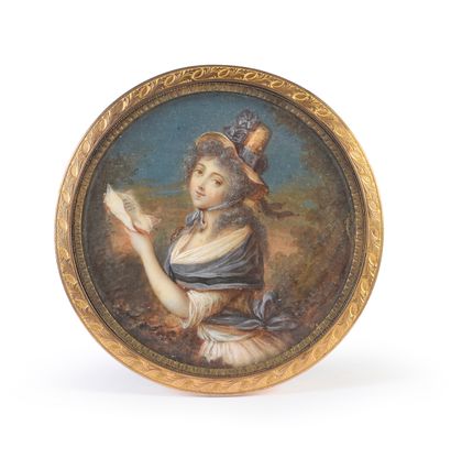 null Round miniature portrait, unsigned, of a young woman in mid-body, three-quarter...