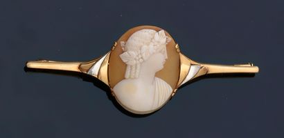 null A two-tone gold barrette brooch with an oval shell cameo with a bacchante profile.
L....